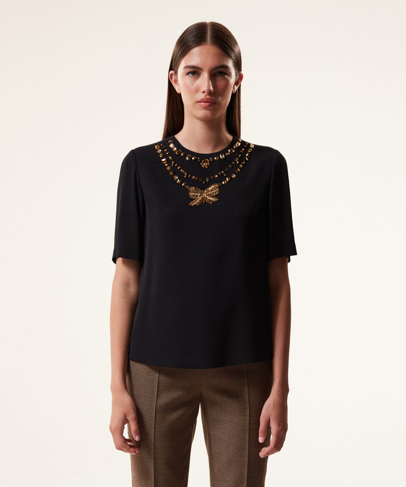 Machka Stone-Embroidered Crepe Blouse Black