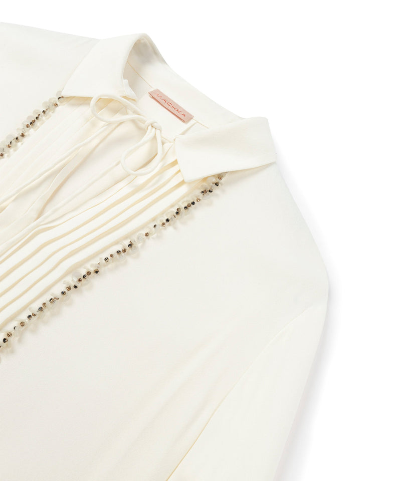 Machka Embellished Pleated Solid Shirt Off White