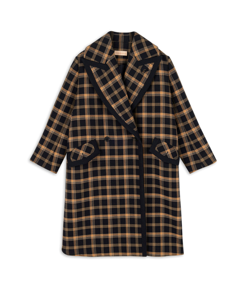 Machka Checkered Double-Breasted Overcoat Navy Blue