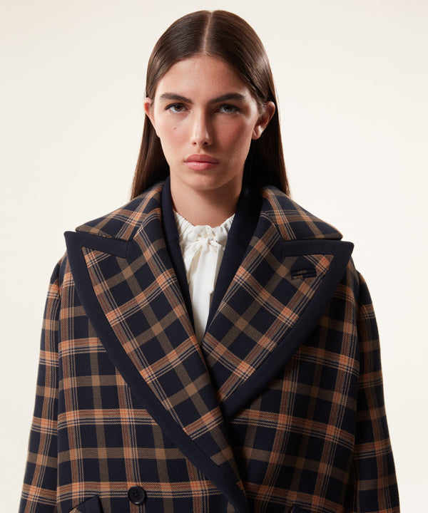 Machka Checkered Double-Breasted Overcoat Navy Blue