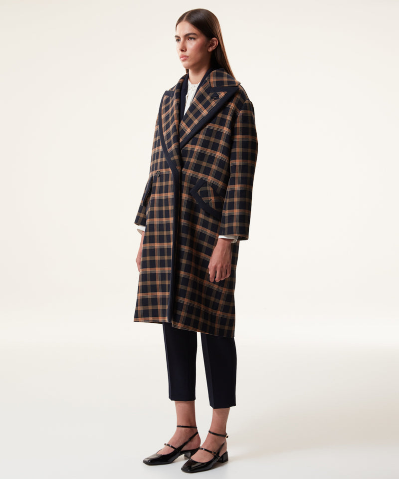 Machka Checkered Double-Breasted Overcoat Navy Blue