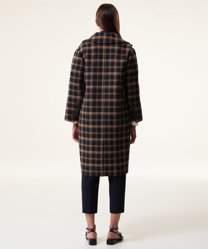 Machka Checkered Double-Breasted Overcoat Navy Blue