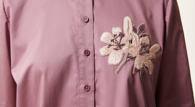 Machka Solid Shirt With Flower-Embellished Old Rose