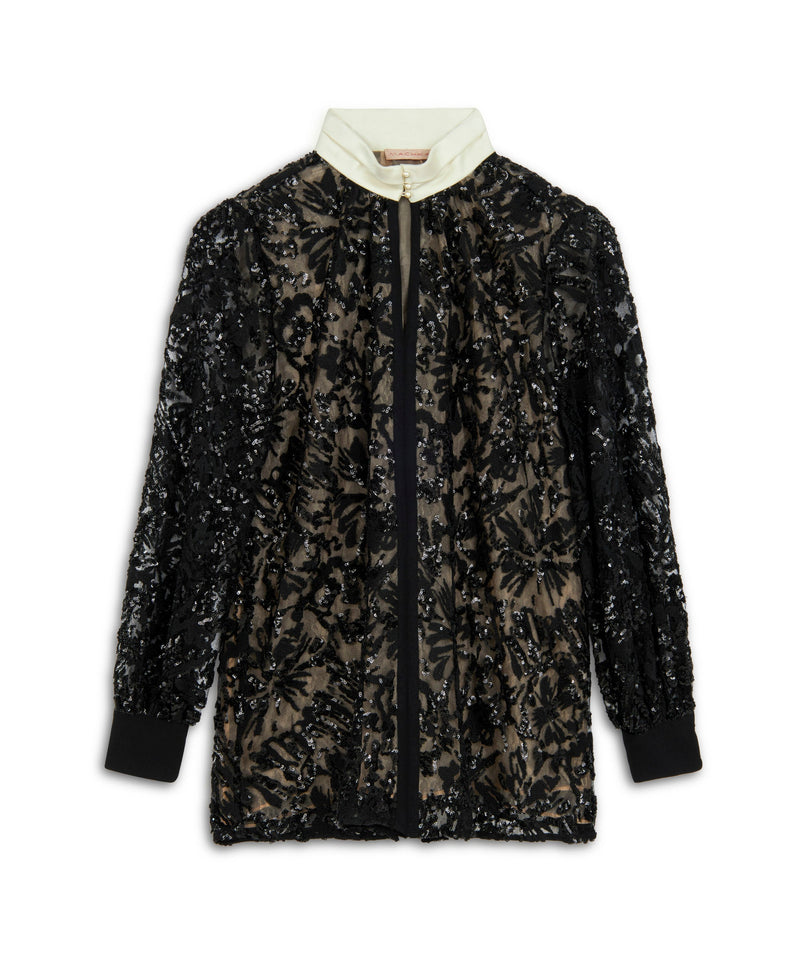 Machka Embroidered Grandad Collar Blouse Black