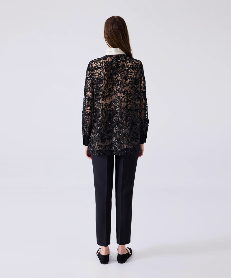 Machka Embroidered Grandad Collar Blouse Black