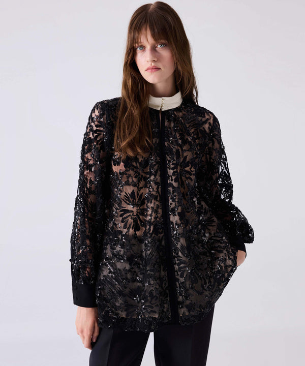 Machka Embroidered Grandad Collar Blouse Black