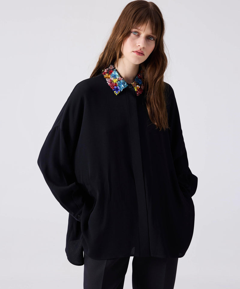 Machka Oversize Shirt With Floral Module Embroidery Black