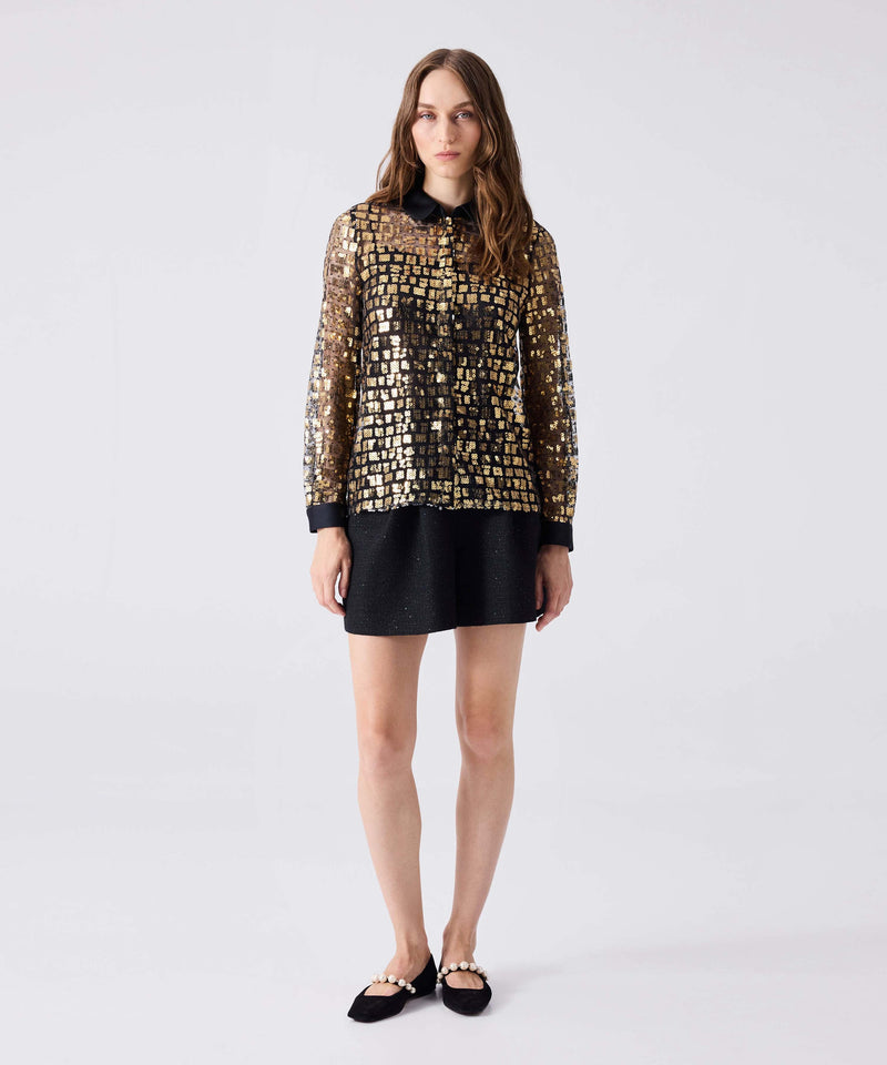 Machka Satin Duchess Garnish Sequined Shirt Black