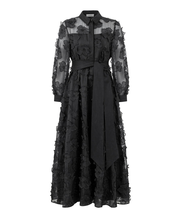 Machka Floral Applique Belted Dress Champagne