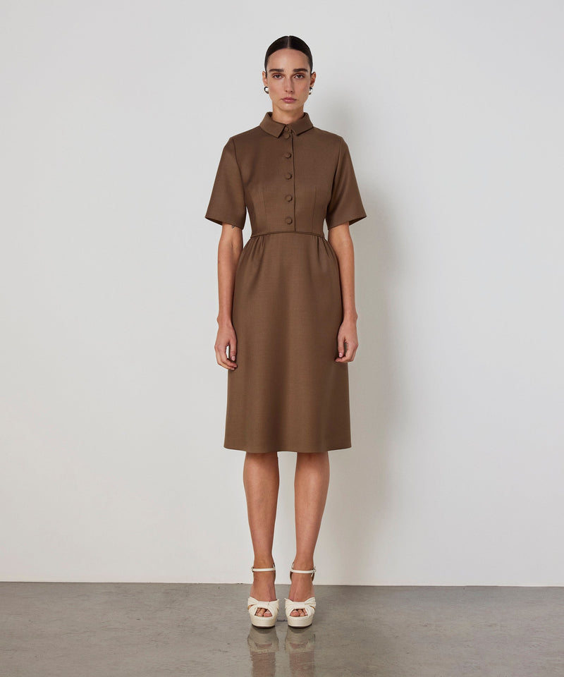 Machka Shirt-Collar Wool Dress Dark Beige
