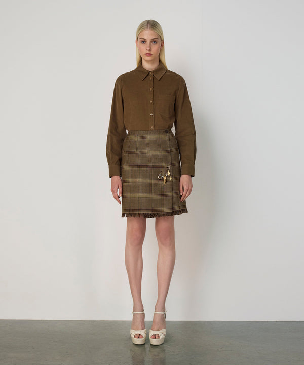 Machka Plaid Wool Skirt Dark Beige
