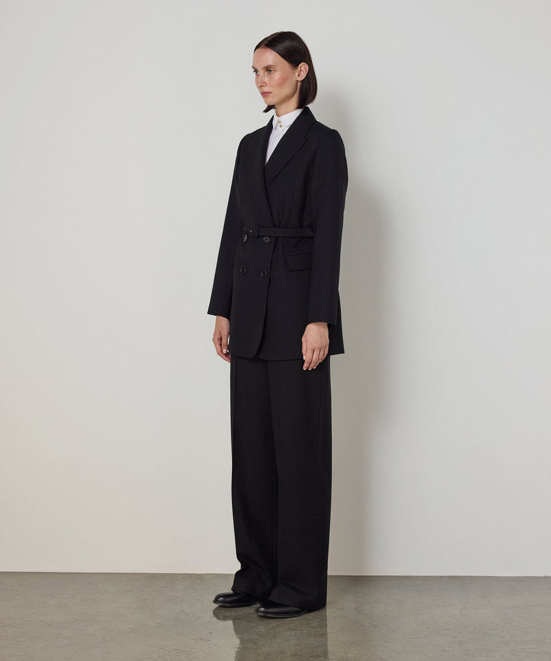 Machka Long Double-Breasted Blazer With Belt Black