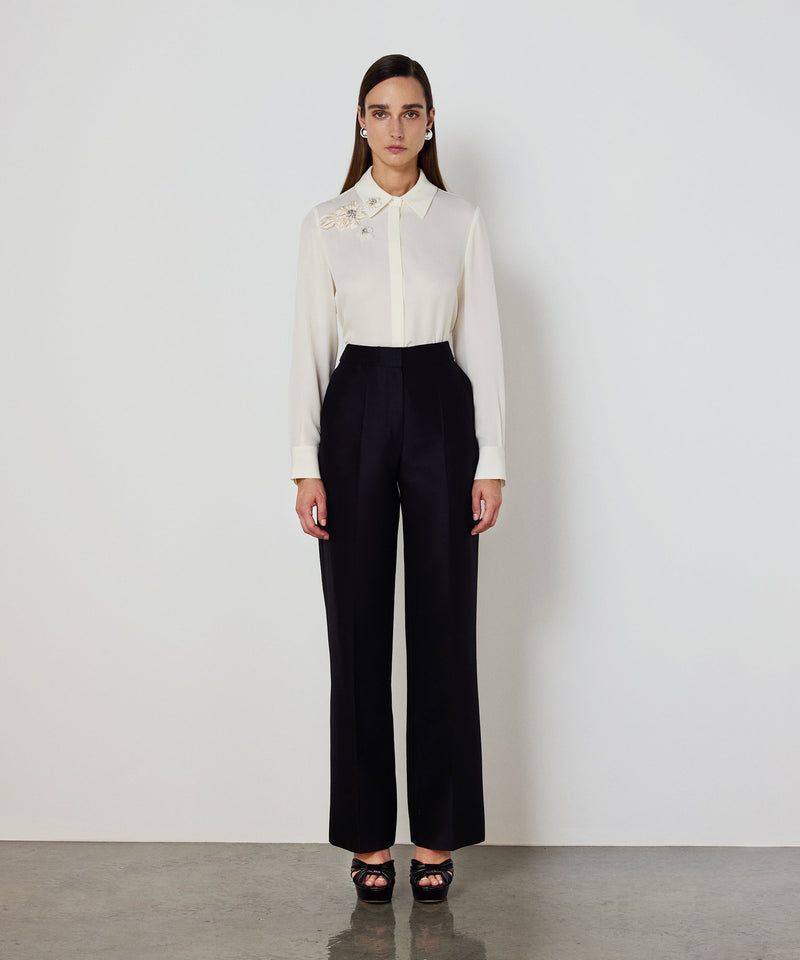 Machka Floral-Appliqué Silk Blouse Ecru