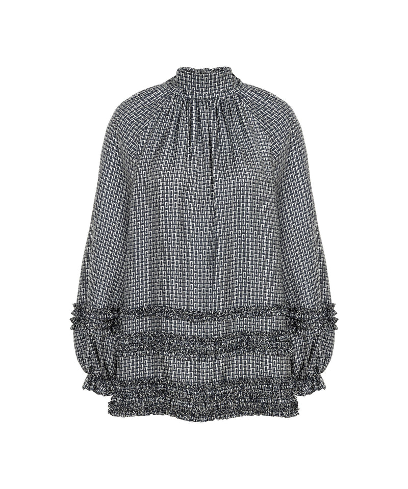 Machka Monogram Print Silk Blouse Navy