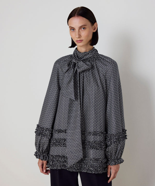 Machka Monogram Print Silk Blouse Navy