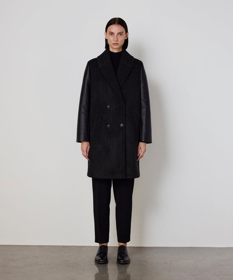 Machka Leather-Blend Linear Pattern Coat Anthracite