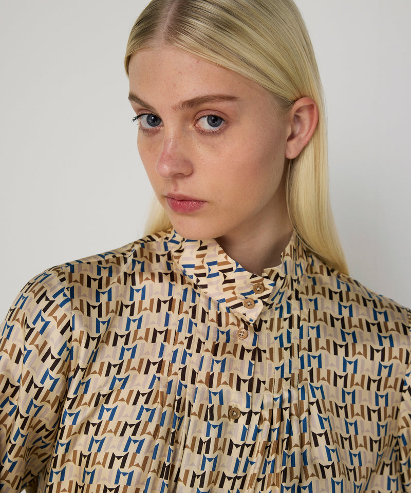 Machka Monogram Print Silk Shirt Beige