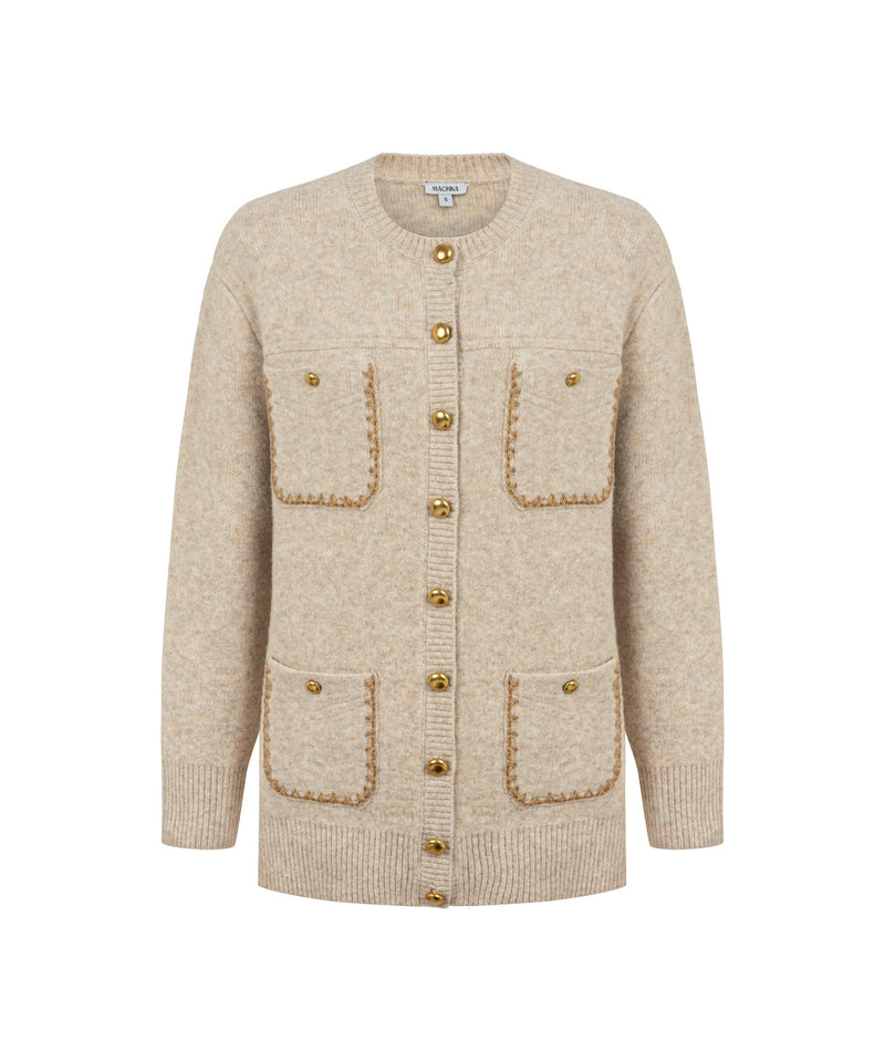 Machka Knit Cardigan With Contrast Embroidery Beige Melange