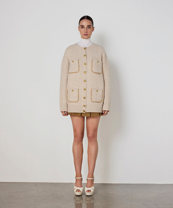 Machka Knit Cardigan With Contrast Embroidery Beige Melange
