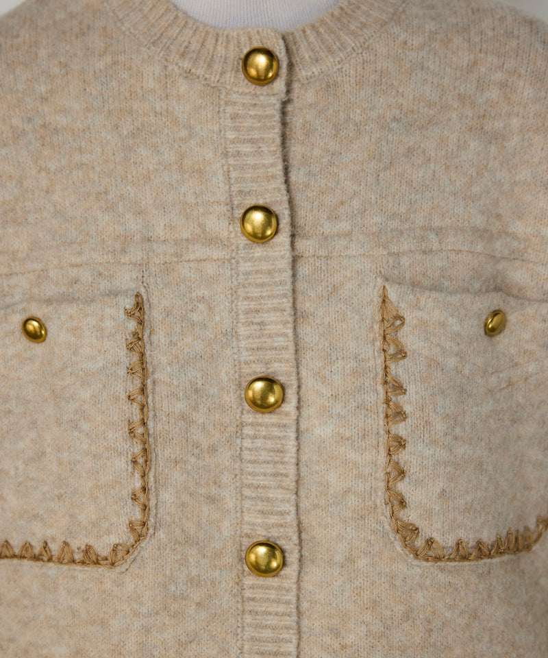 Machka Knit Cardigan With Contrast Embroidery Beige Melange
