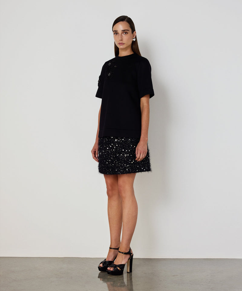 Machka Floral Appliqué Scuba T-Shirt Black