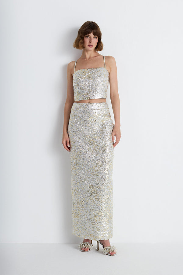 Nean Metallic Jacquard Maxi Skirt
 Silver
