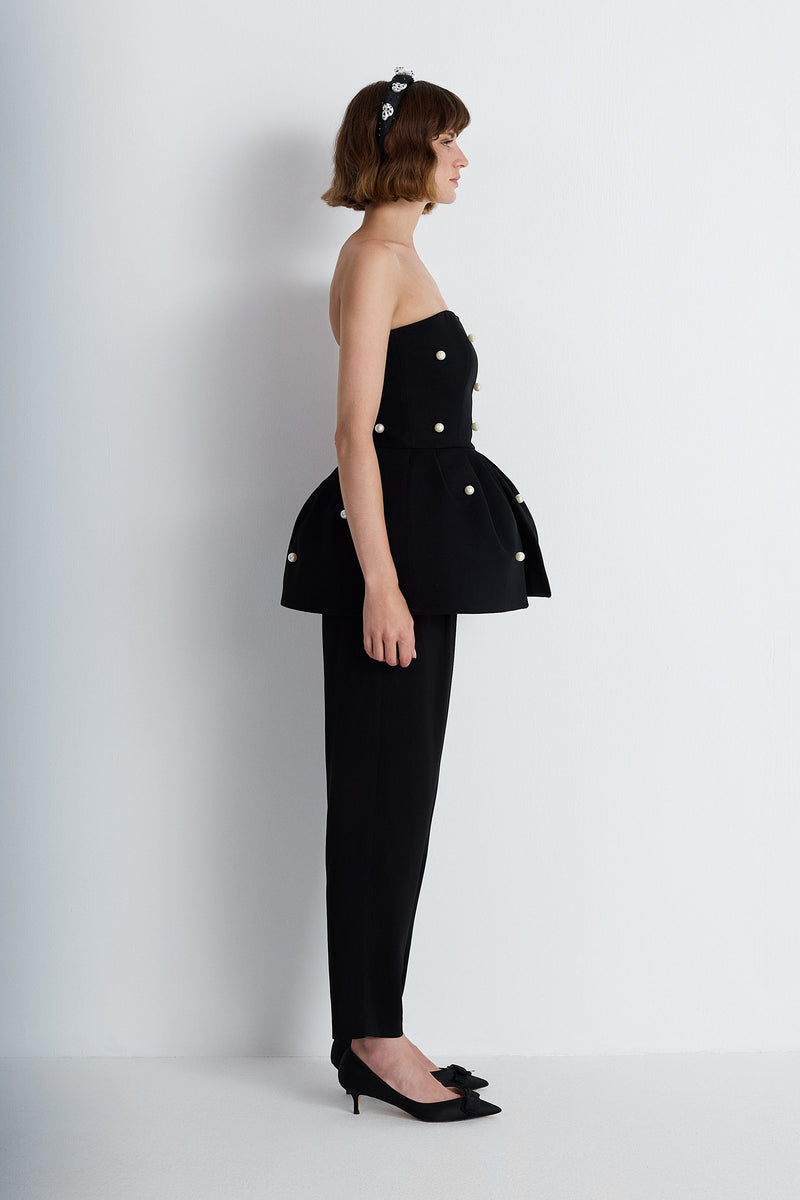 Nean Strapless Pearl-Embellished Peplum Top Black