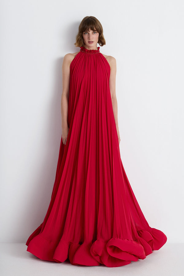 Nean Pleated Halter Neck Gown Red
