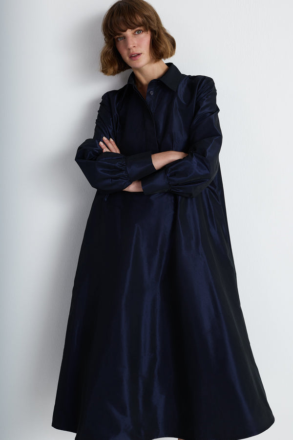 Nean Shirt-Collar A-Line Midi Dress Navy