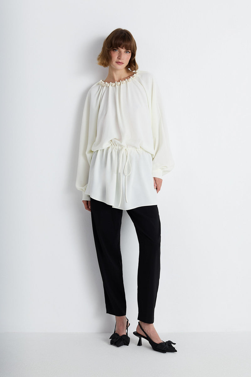 Nean Pearl-Embellished Drawstring Blouse Ecru