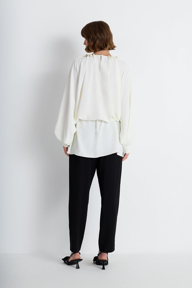 Nean Pearl-Embellished Drawstring Blouse Ecru