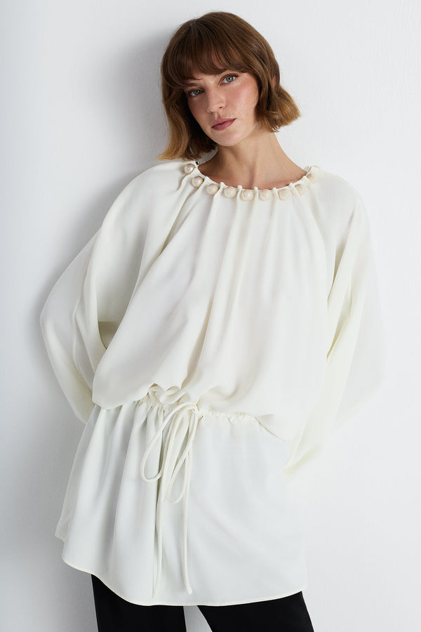 Nean Pearl-Embellished Drawstring Blouse Ecru