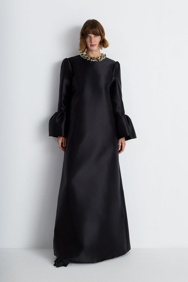 Nean Embellished Collar Satin Gown Black