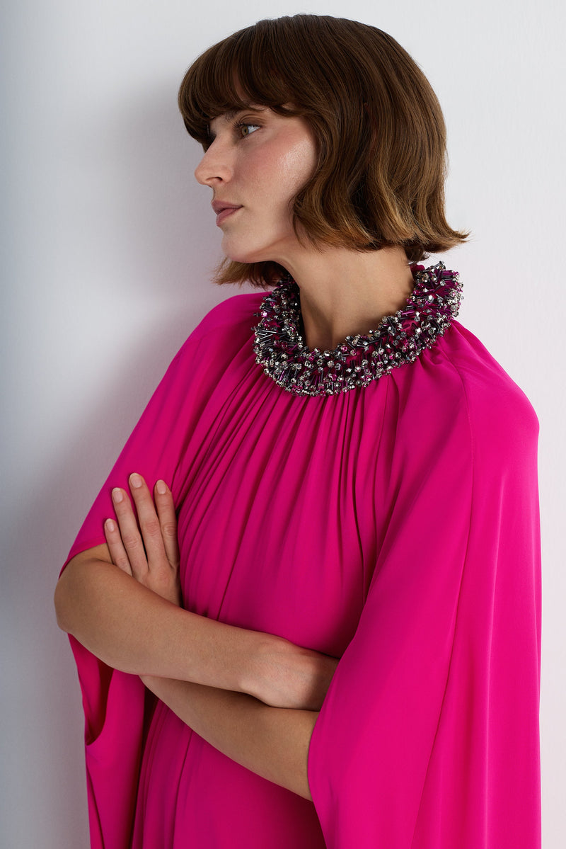 Nean Embellished Neckline Cape Gown Fuchsia
