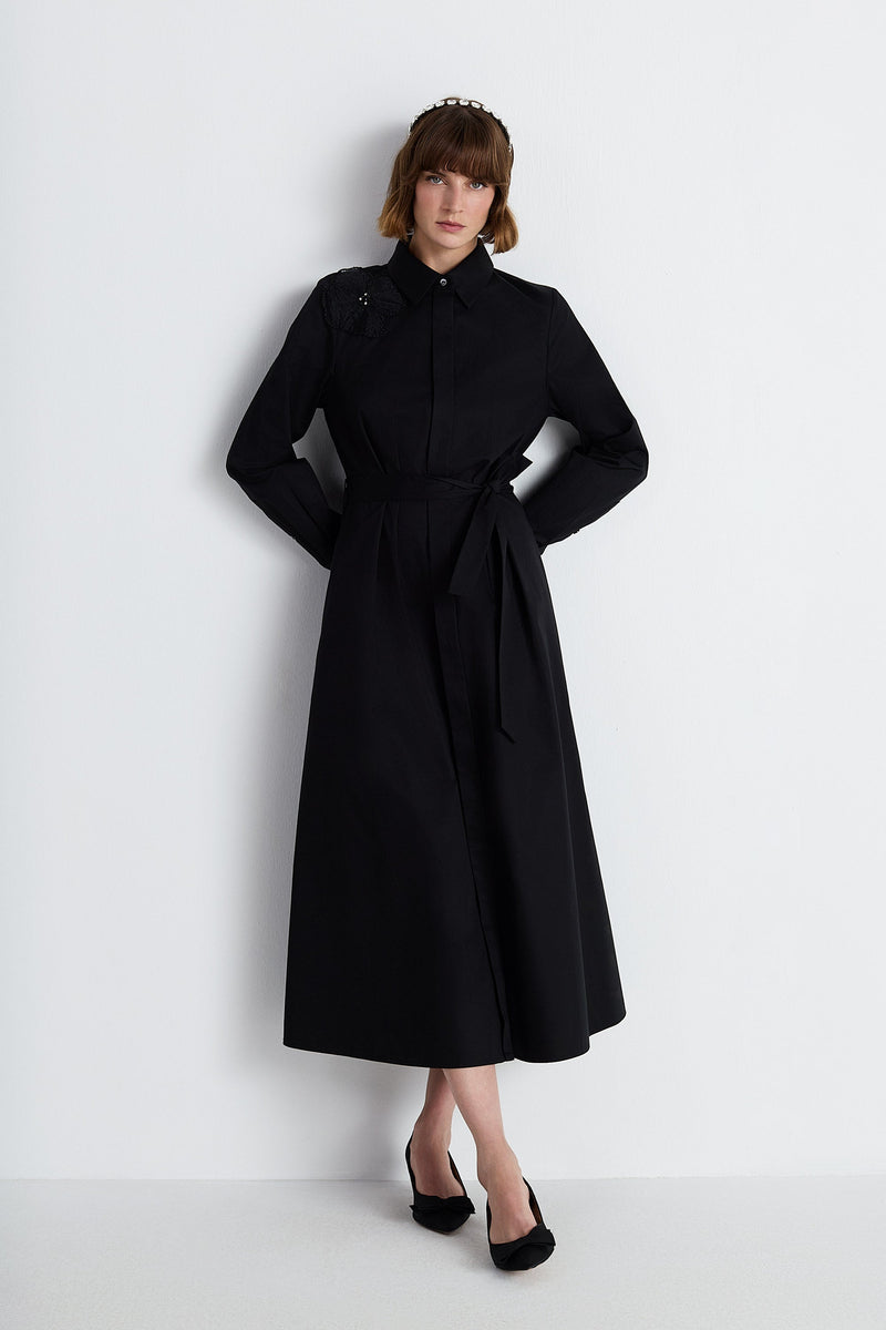 Nean Embellishment Belted Shirt Dress Black
