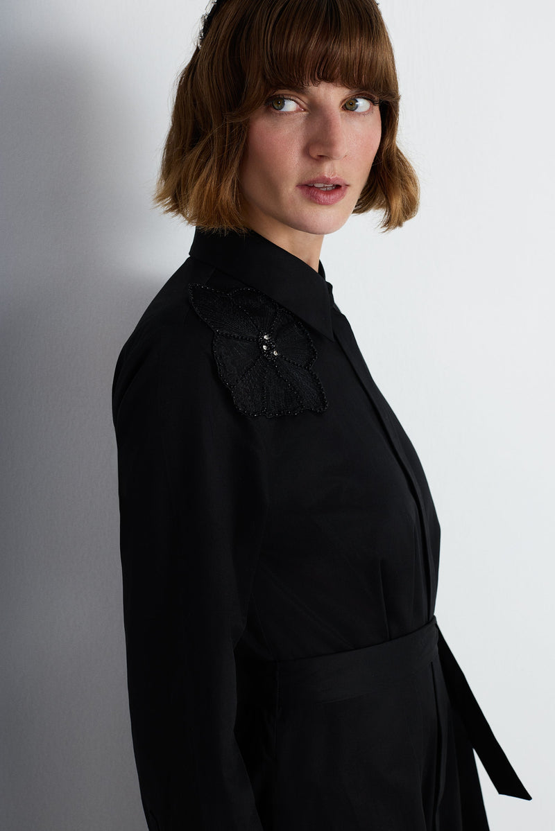 Nean Embellishment Belted Shirt Dress Black
