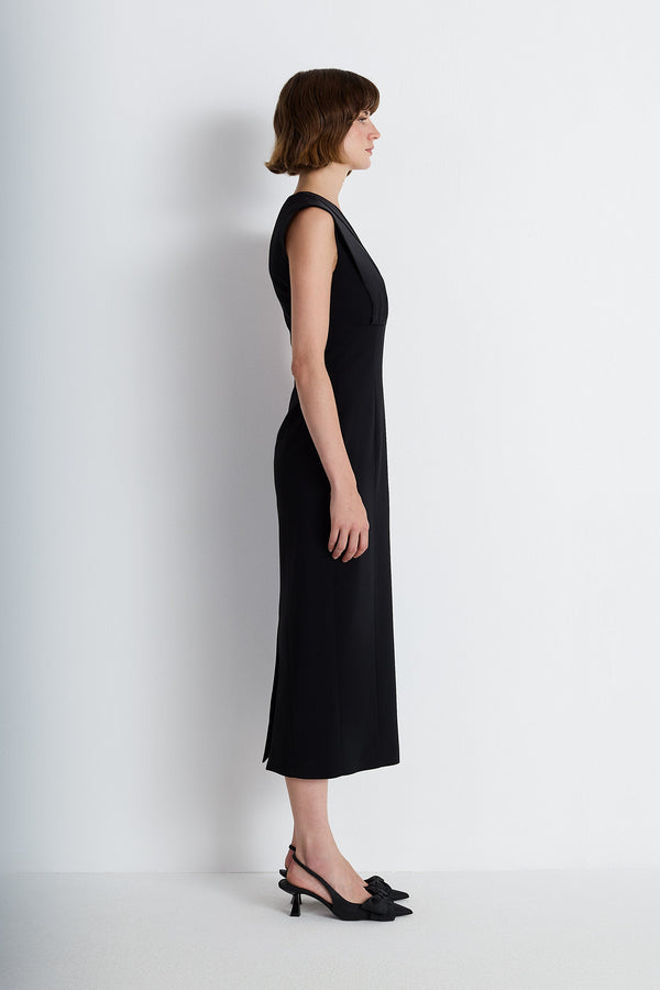 Nean Pleated Satin Panel Midi Dress Black