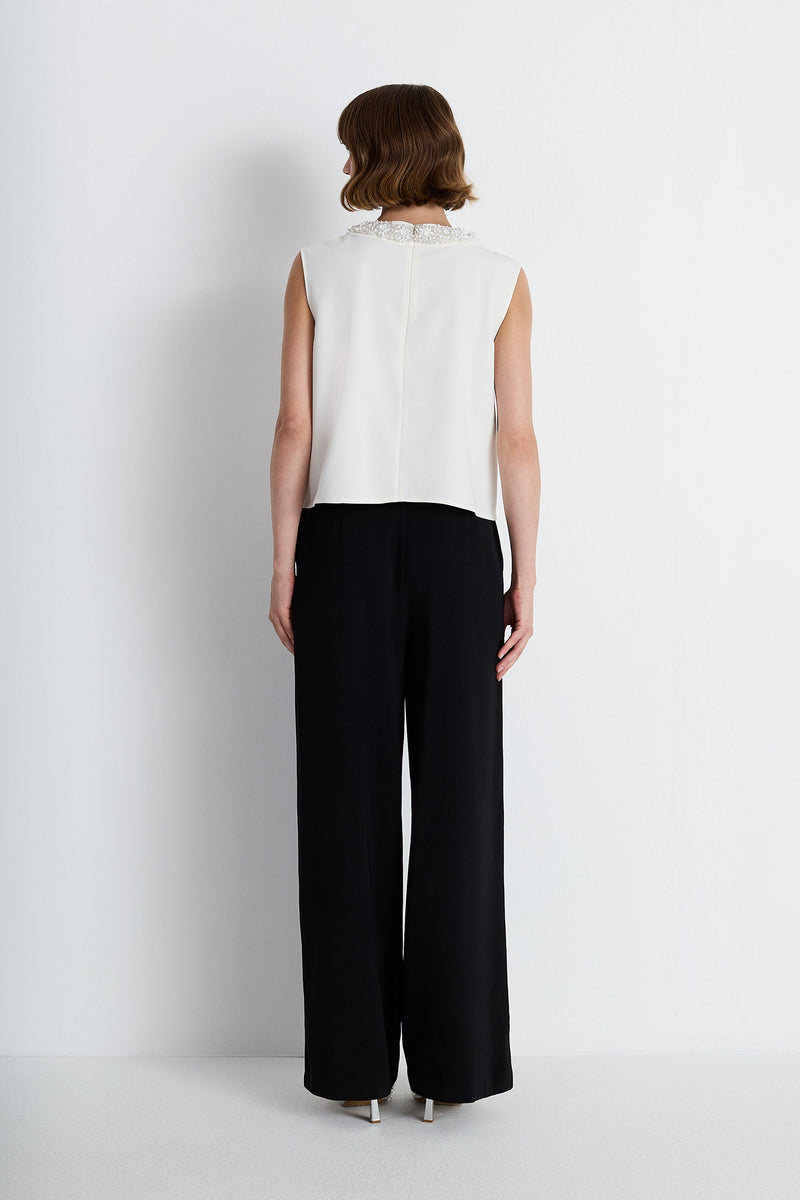 Nean Embellished Collar Sleeveless Top White