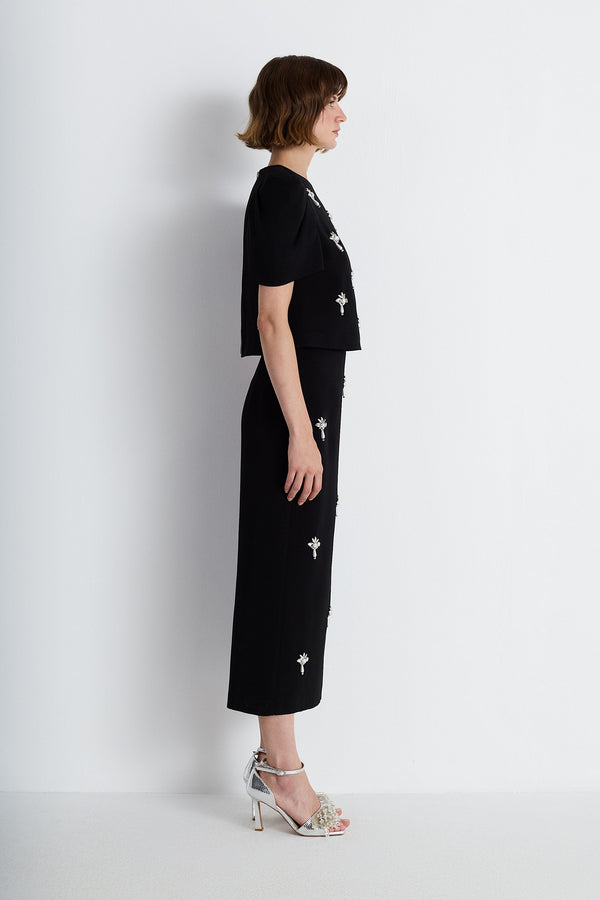 Nean Embellished Puff Sleeve Crop Top Black