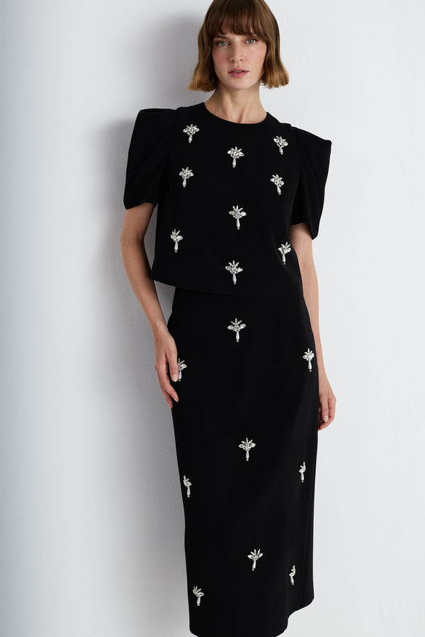 Nean Embellished Puff Sleeve Crop Top Black