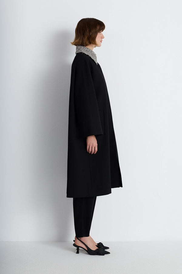 Nean Embellished Collar A-Line Coat Black