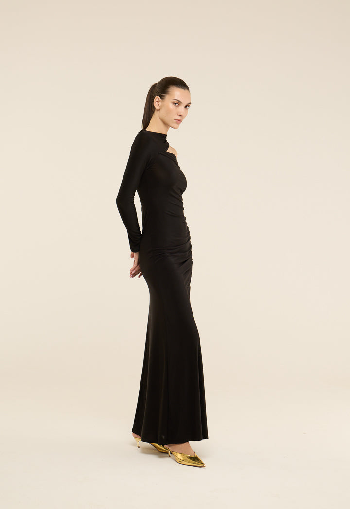 Riva Shoulder Cutout Gathered Gown Dress Black