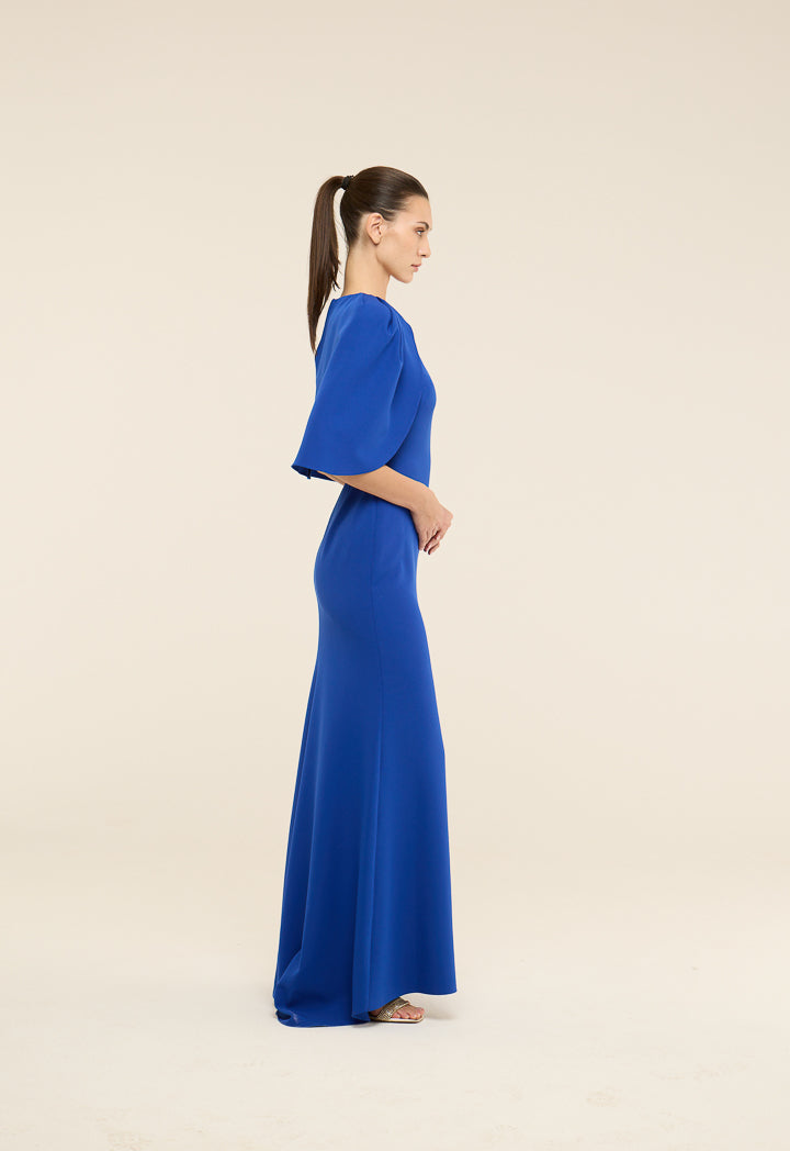 Riva High-Low Cape Gown Dress Cobalt