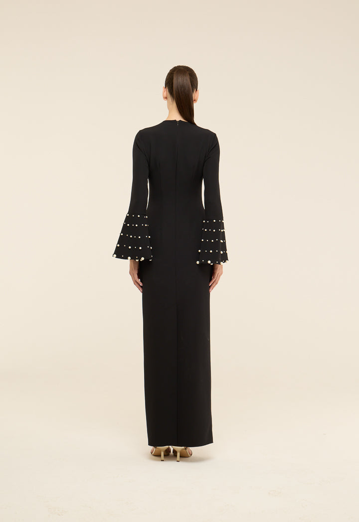 Riva Pearl And Crystal Embellished Gown Dress Black