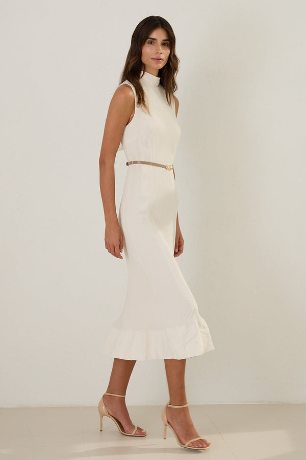 Setre Sleeveless Ruffle Hem Pleated Dress Cream