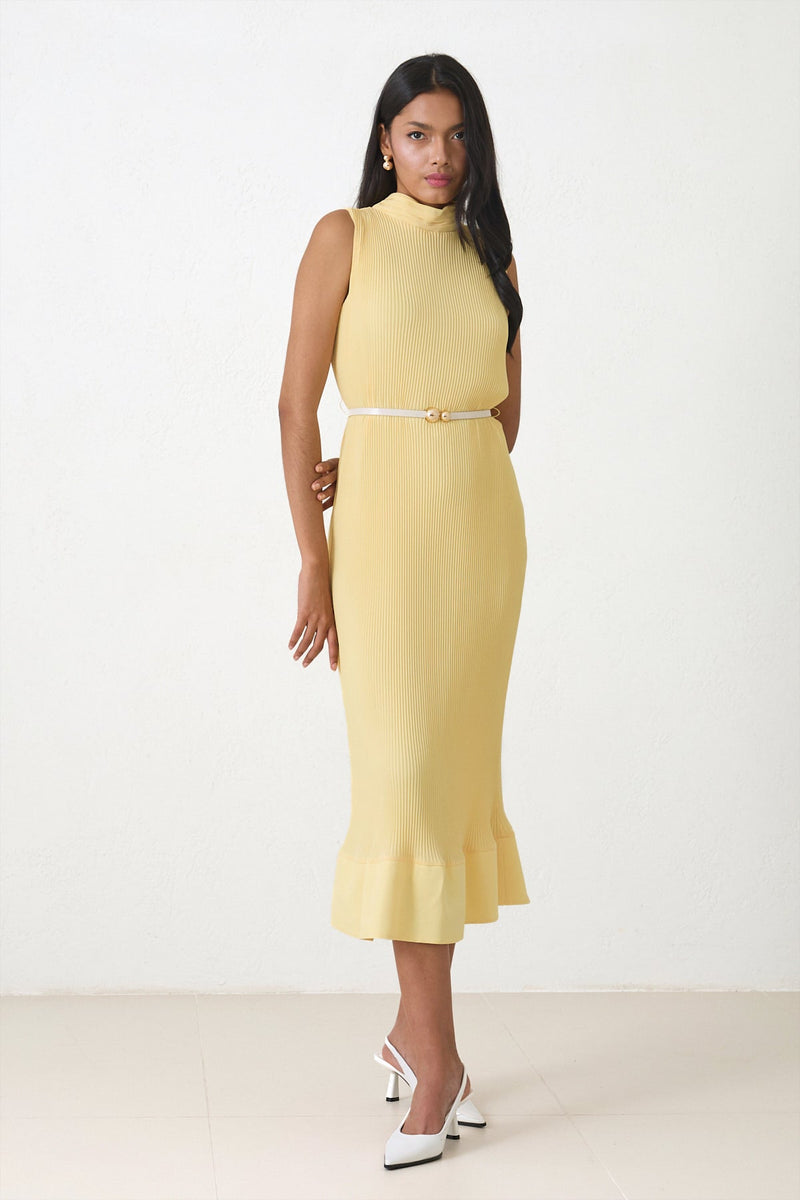 Setre Sleeveless Ruffle Hem Pleated Dress Yellow