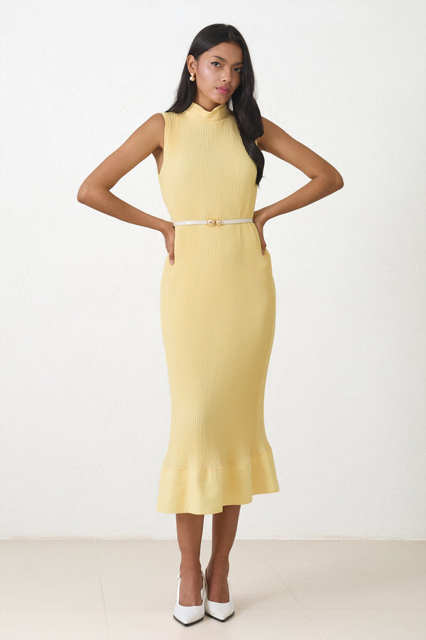 Setre Sleeveless Ruffle Hem Pleated Dress Yellow