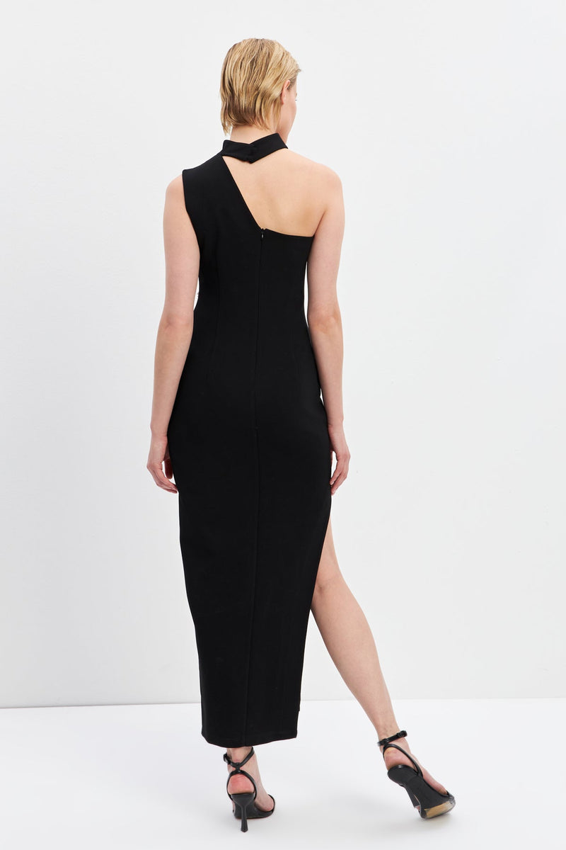 Setre Pearl And Neck Detail Slit Midi Dress Black
