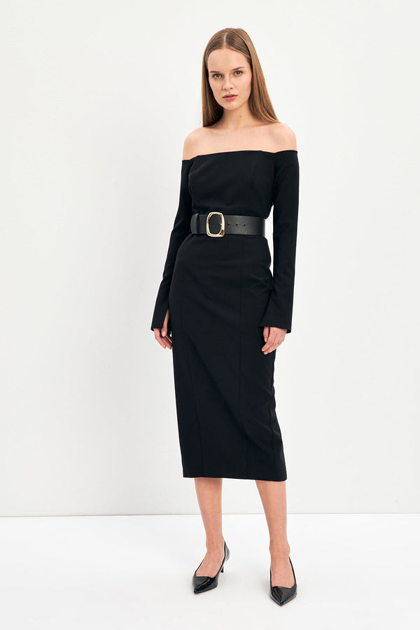 Setre Off-The-Shoulder Belted Dress Black