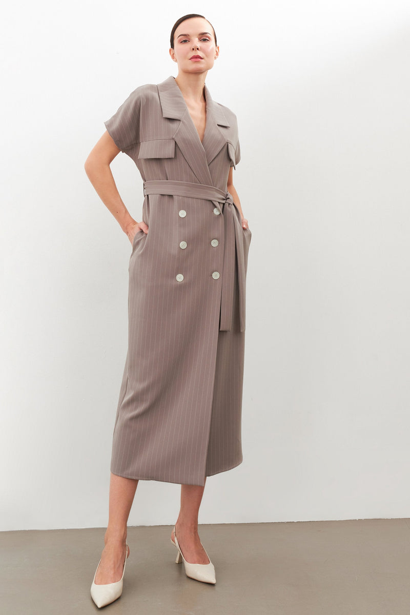 Setre Striped Belted Midi Dress Grey